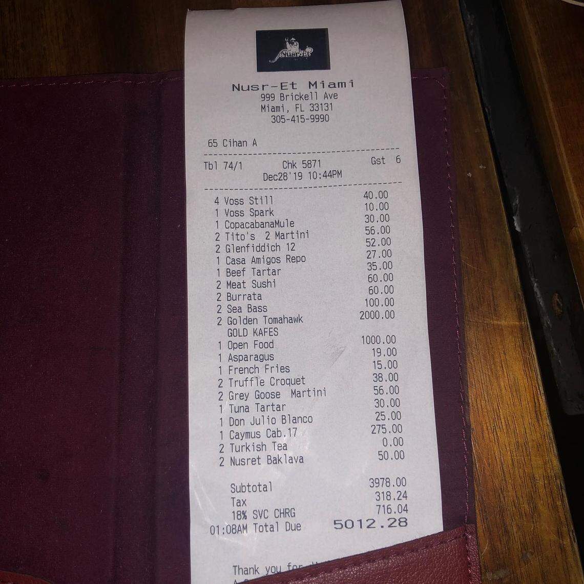 The diner who says he was unscrupulously charged $1,000 each for steaks and a rack of lamb wrapped in edible gold posted the receipt on Facebook.