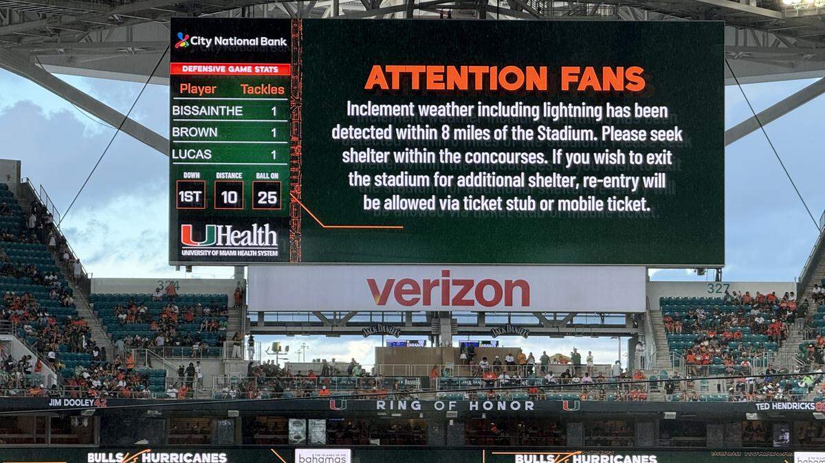 The Miami Hurricanes’ game against the USF Bulls on Saturday, Sept. 13, 2025, entered a weather delay in the second quarter