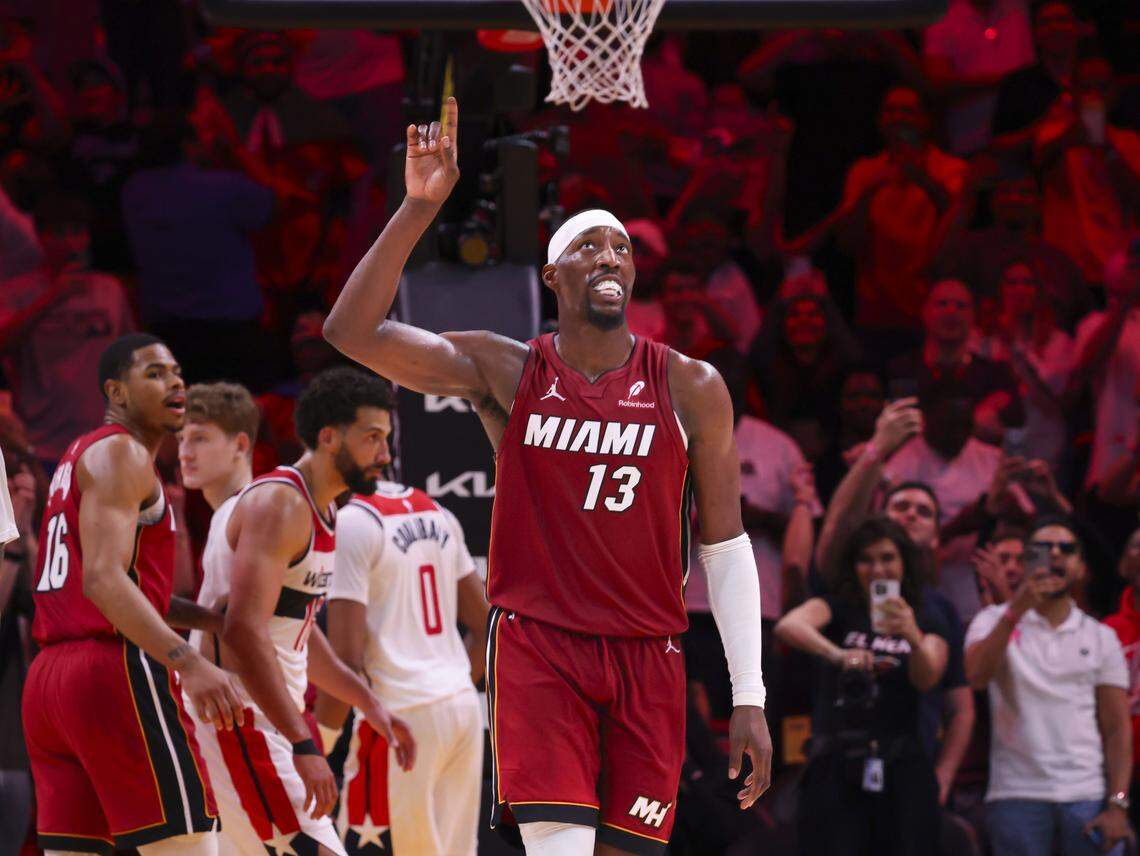 Miami Heat center Bam Adebayo (13) reacts after scoring the second-most points in game in NBA history against the Washington Wizards on March 10, 2026, at Kaseya Center.