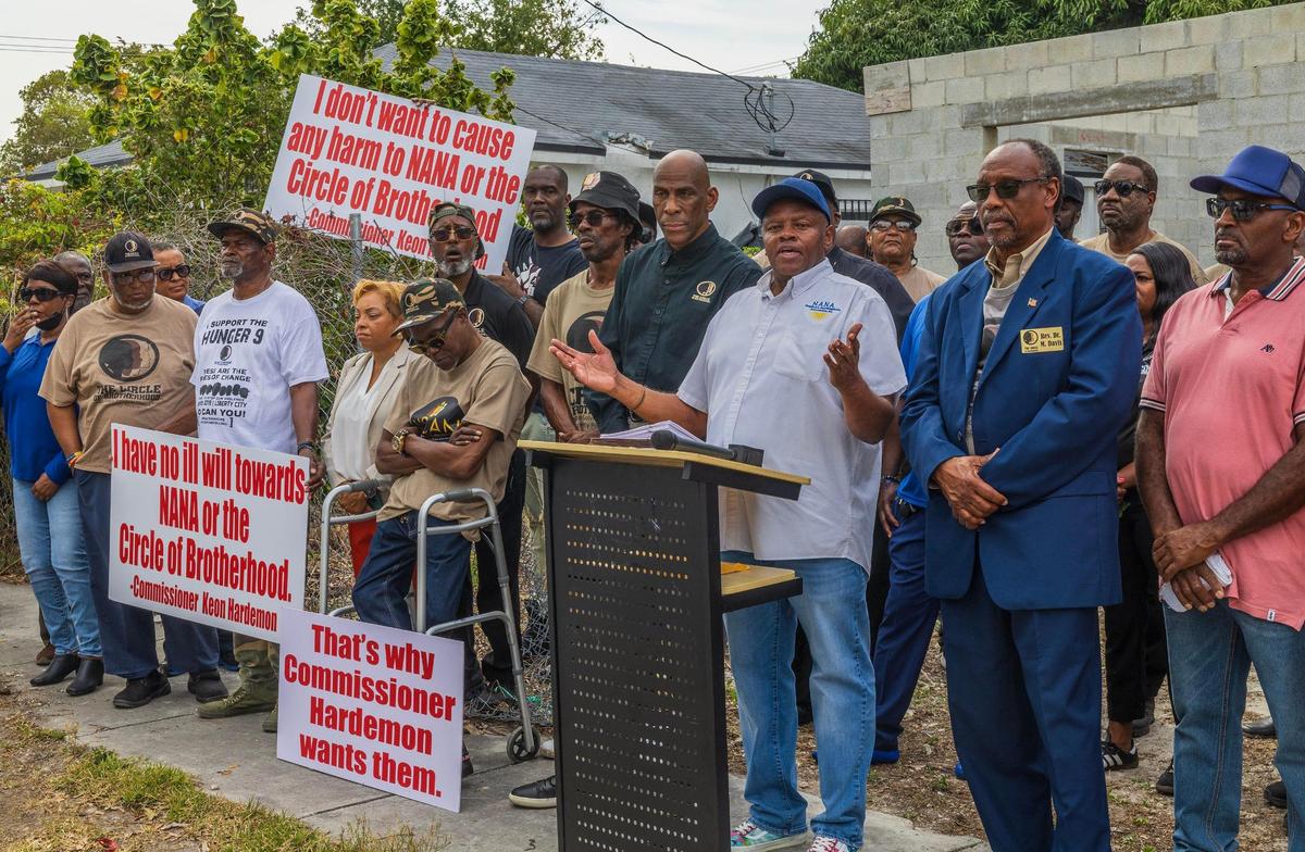 Executive Director Leroy Jones, with the Neighbors and Neighbors Association, speaks in front of an under construction house, during a press conference in Liberty City on Tuesday, March 25, 2025.