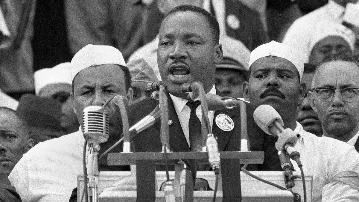 In this Aug. 28, 1963, file photo, Dr. Martin Luther King Jr., head of the Southern Christian Leadership Conference, addresses marchers during his “I Have a Dream” speech at the Lincoln Memorial in Washington.