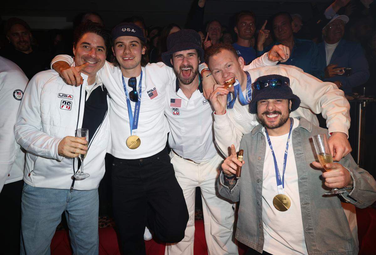 MIAMI, FLORIDA - FEBRUARY 23: Jack Hughes, Dylan Larkin, Brady Tkachuk and Auston Matthews attend a celebration of the USA Men's Hockey Team's Olympic Gold at E11EVEN Miami on February 23, 2026 in Miami, Florida.  (Photo by Alexander Tamargo/Getty Images for E11EVEN Miami)