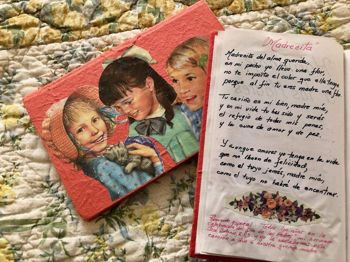 Olga Santiago made beautiful scrapbooks of Spanish lullabys and songs she penned from memory and of Cuban history, geography, and patriotic symbols. She and her youngest brother,   José Antonio, sang the “Madrecita” song pictured here to their mother. 