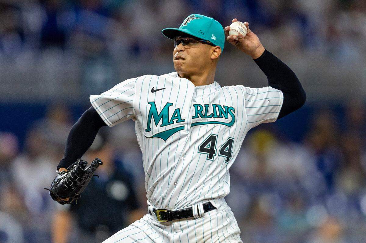 Miami Marlins pitcher Jesus Luzardo (44) throws a pitch during the second inning of an MLB game against the New York Yankees at loanDepot park in the Little Havana neighborhood of Miami, Florida, on Friday, August 11, 2023.