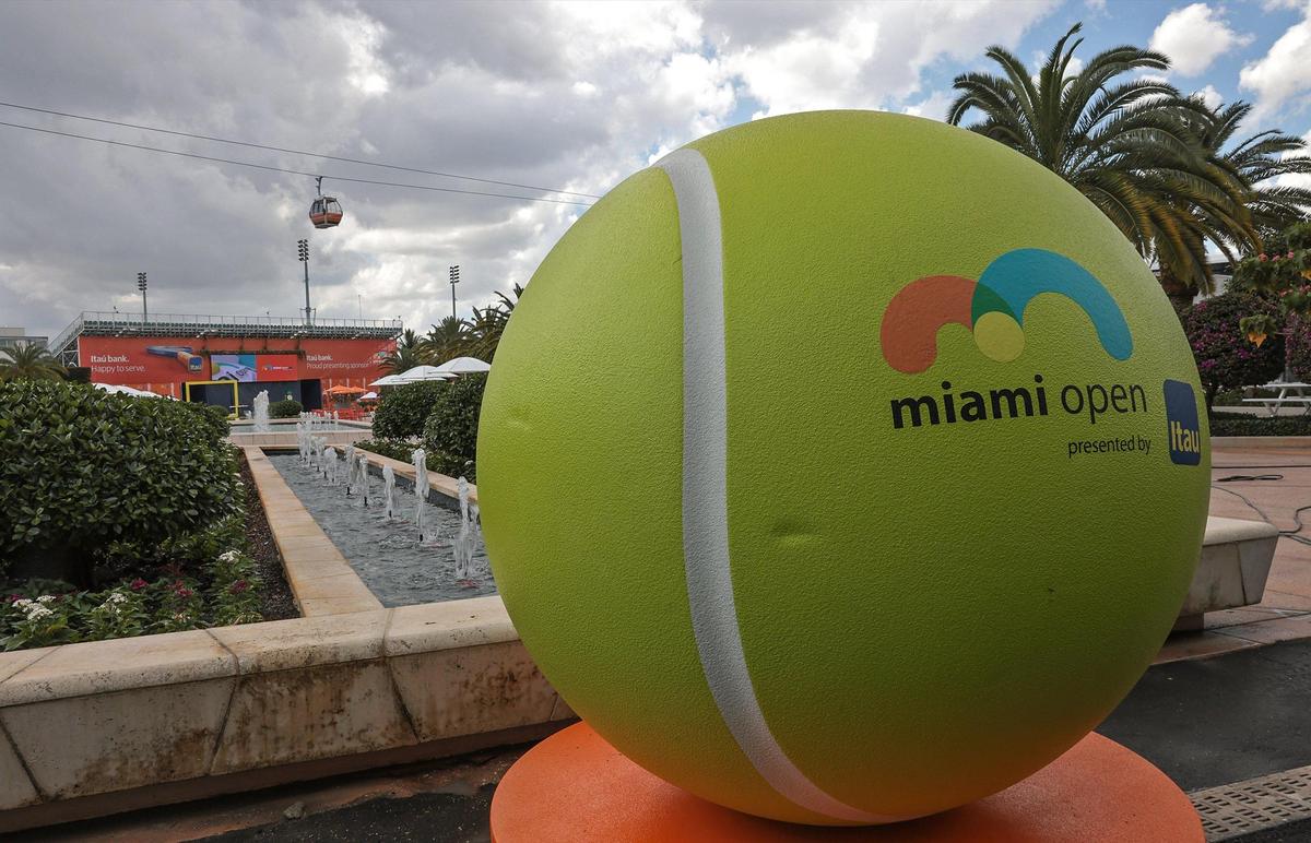 A large tennis sculpture is displayed between the Sunset Terrace and Palm Court. The 2022 Miami Open presented by Itaú revealed the elements fans can expect to enjoy as the tournament prepares to welcome back fans from all over the world at Hard Rock Stadium on Sunday, March 20, 2022.
