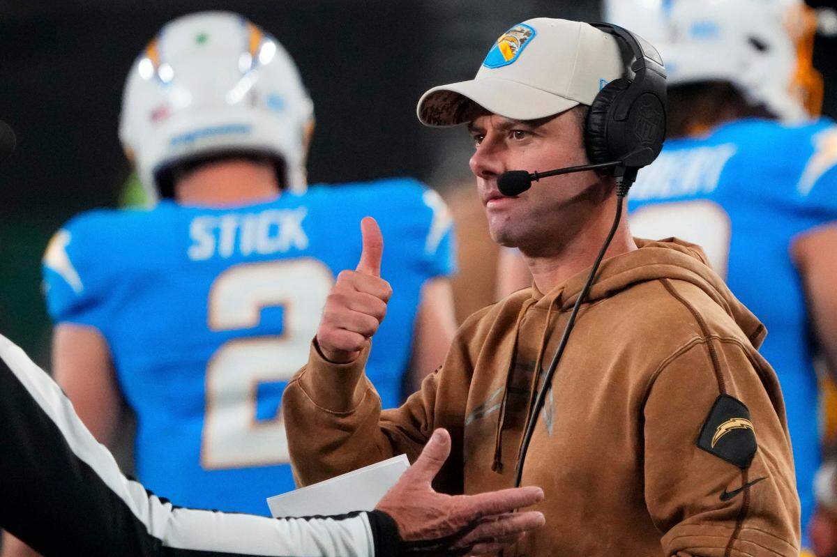 Nov 6, 2023; East Rutherford, New Jersey, USA; Los Angeles Chargers head coach Brandon Staley gestures against the New York Jets during a football game at MetLife Stadium. Mandatory Credit: Robert Deutsch-USA TODAY Sports