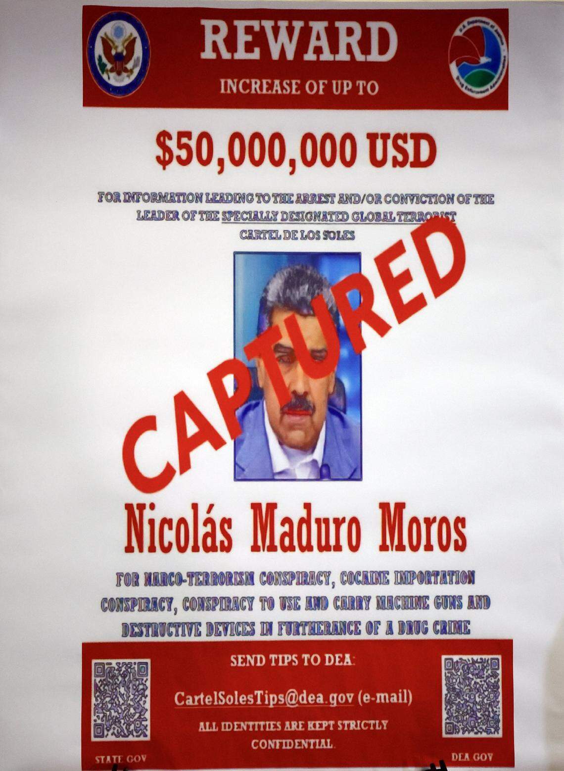  A poster of a captured Venezuelan leader Nicolás Maduro on display during a press conference in Doral, Florida on Saturday, January 3, 2026. United States Repsresentatives Mario Diaz-Balart, Carlos Gimenez and Maria Elvira Salazar held a joint press conference in Doral, Florida, to discuss the U.S. attack on Venezuela and the capture of Venezuelan leader Nicolás Maduro on Saturday, January 3, 2026. 