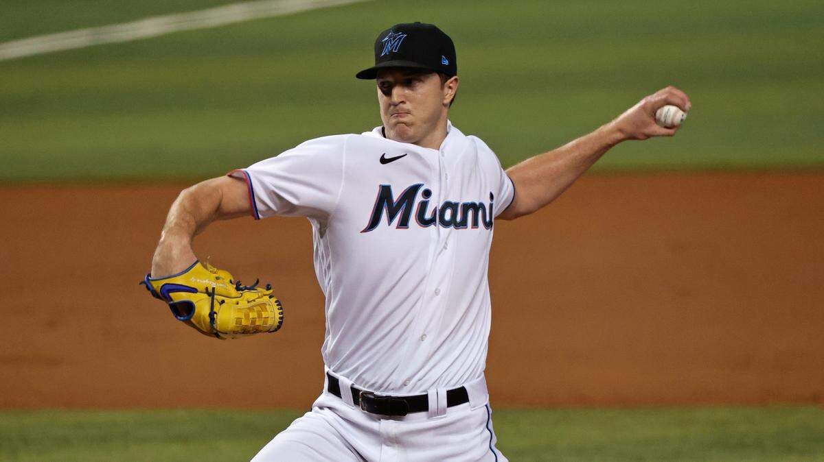 Miami Marlins pitcher Trevor Rogers (28) pitches against the Colorado Rockies during the first inning of their baseball game at loanDepot park on Thursday, June 10, 2021 in Miami, Florida.