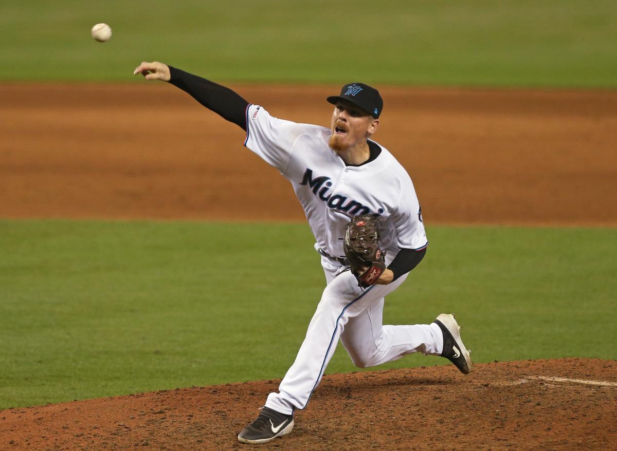 Miami Marlins pitcher Jeff Brigham (43) pitches during the eleventh inning of a interleague Major League Baseball game against the Minnesota Twins at Marlins Park in Miami on Thursday, August 1, 2019.