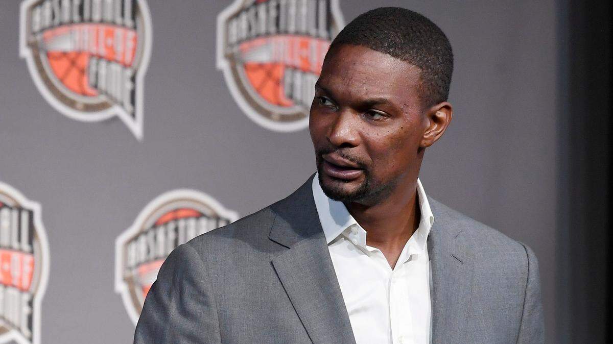 Basketball Hall of Fame Class of 2021 inductee Chris Bosh speaks at a news conference at Mohegan Sun, Friday, Sept. 10, 2021, in Uncasville, Conn.