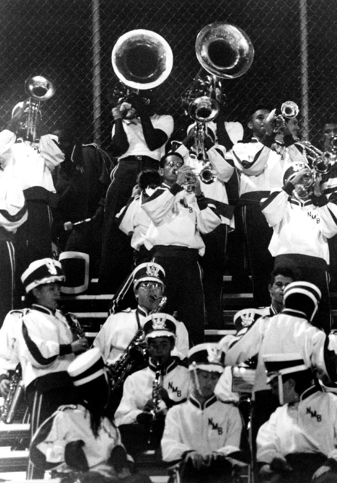 In 1993, members of the North Miami Beach Senior High School band play in the bleachers to get their team members and fans excited about the impending victory over North Miami Senior High.