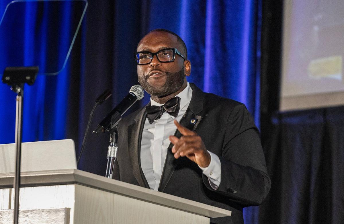 Shevrin Jones, Miami-Dade Democratic Executive Committee chair and state senator, speaks during the Blue Gala hosted by the Miami-Dade Democratic Party at the Miami Beach Convention Center on Saturday, Sept. 21, 2024.