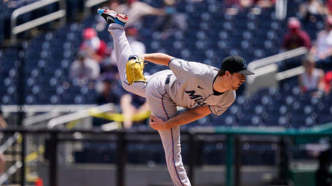 Miami Marlins starting pitcher Trevor Rogers throws during the first inning of a baseball game against the Washington Nationals at Nationals Park, Sunday, May 2, 2021, in Washington. (AP Photo/Alex Brandon)