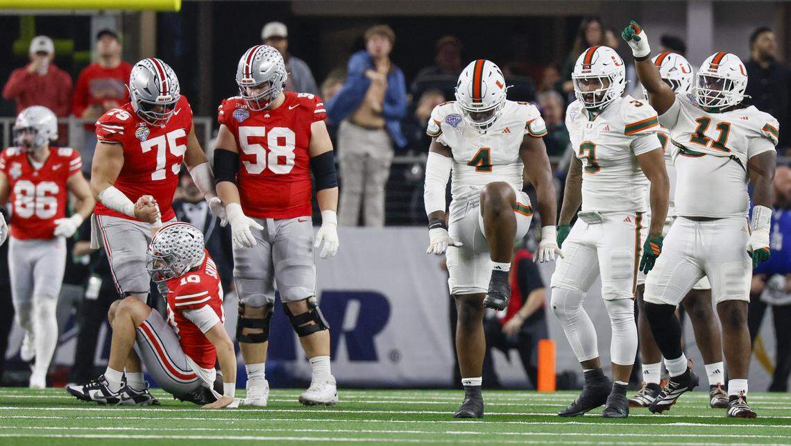 Miami Hurricanes defensive lineman Rueben Bain Jr. (4) reacts after sacking Ohio State Buckeyes quarterback Julian Sayin (10) during the first half of the College Football Playoff quarterfinal game in the Cotton Bowl at AT&T Stadium in Arlington, Texas on Wednesday, December 31, 2025.