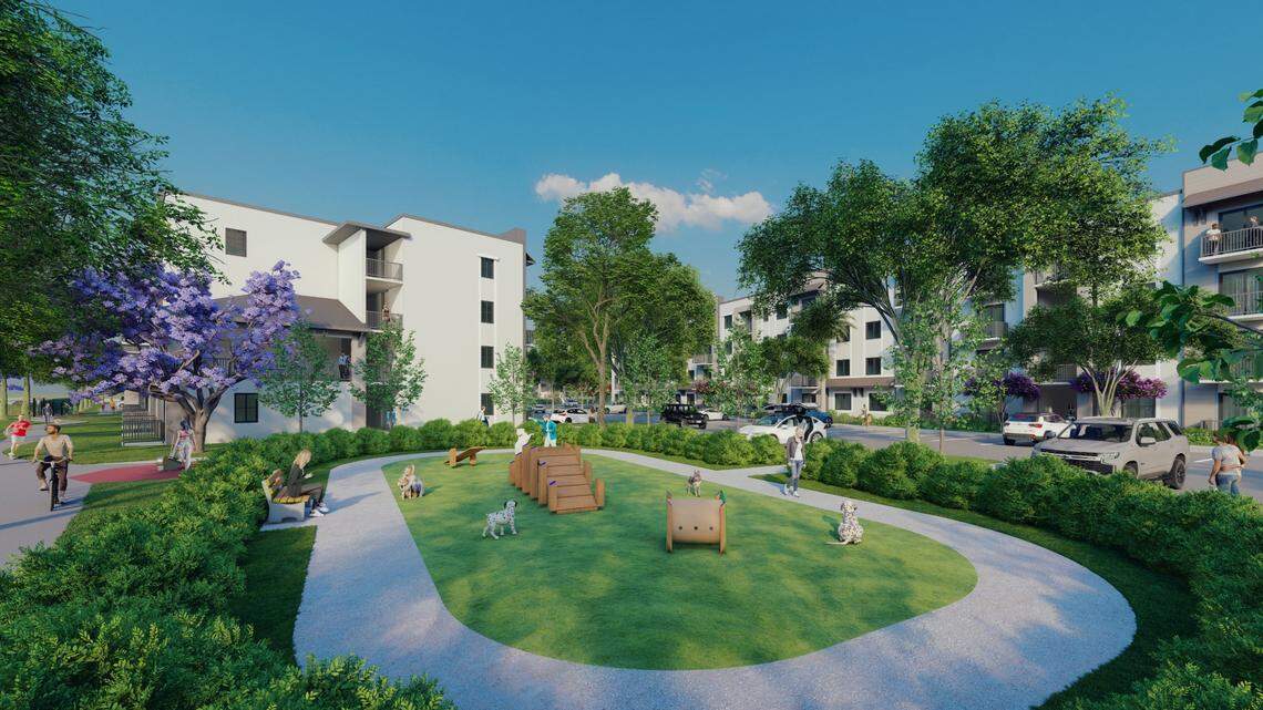 The new Florida City development will have 342 apartments. Above: Residents will have access to a community dog park, pictured above in a rendering.