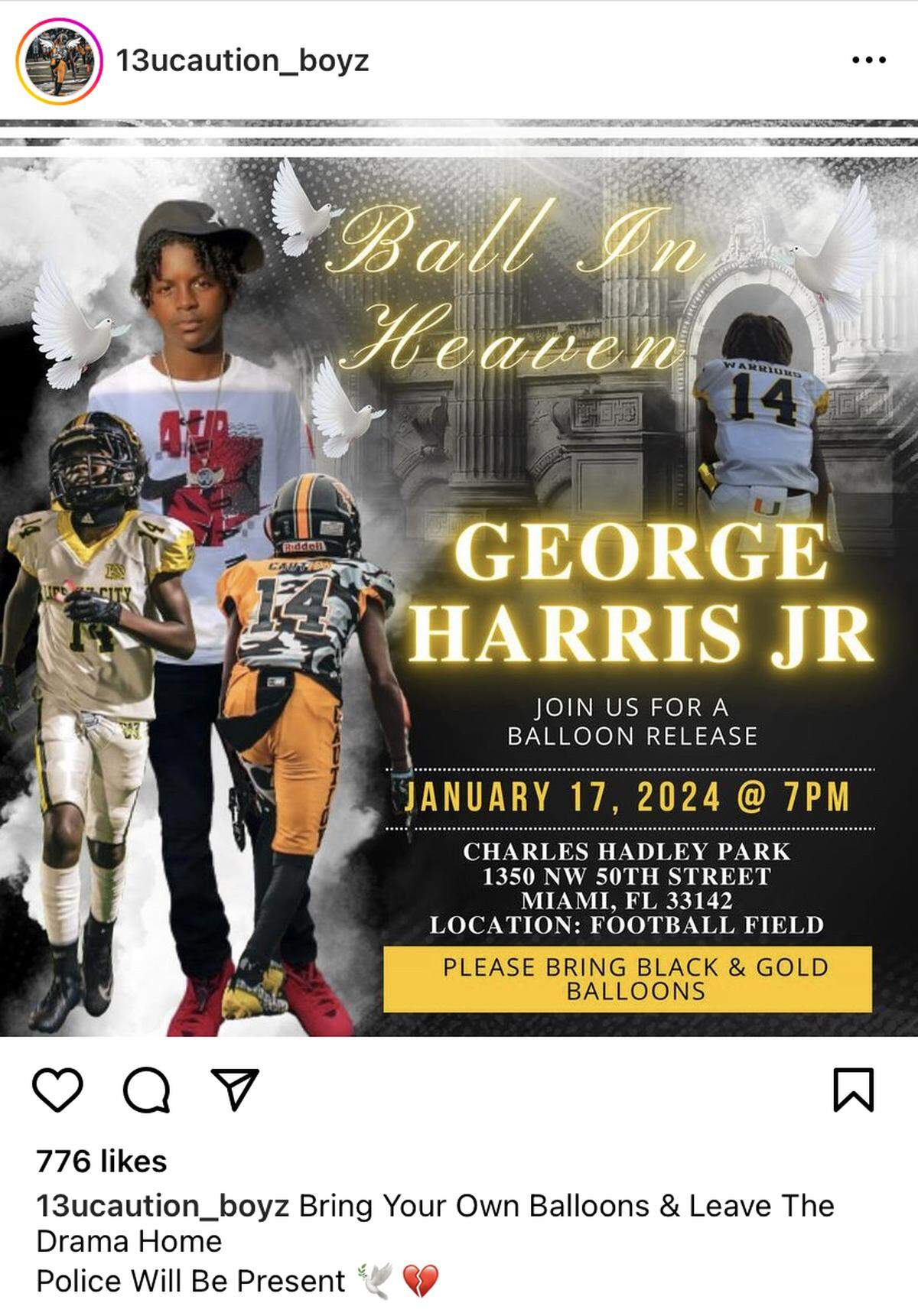 The announcement of the balloon release ceremony for George Harris Jr.