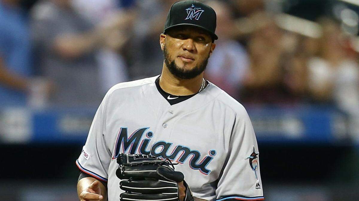 Miami Marlins pitcher Hector Noesi reacts after giving up a three-run home run to the New York Mets’ Wilson Ramos on Tuesday, Aug. 6, 2019, at Citi Field.
