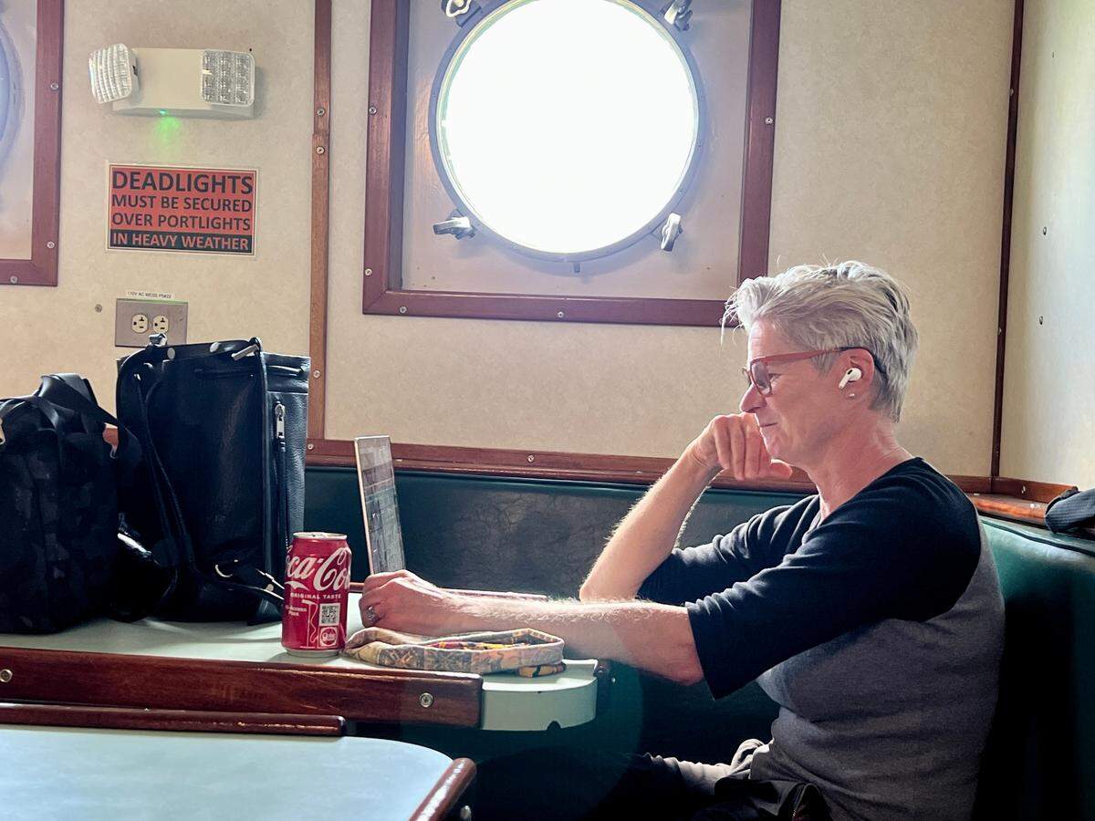 Lisa Beal, a professor of ocean sciences at the University of Miami Rosenstiel School, reviews an equipment manifest aboard the R/V F.G. Walton Smith, the ship that will deploy a series of sensors to monitor the Florida Current.