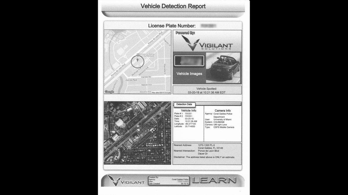License Plate Readers in Coral Gables capture this information on every car that passes by. The data is stored in a server operated by Vigilant Solutions.