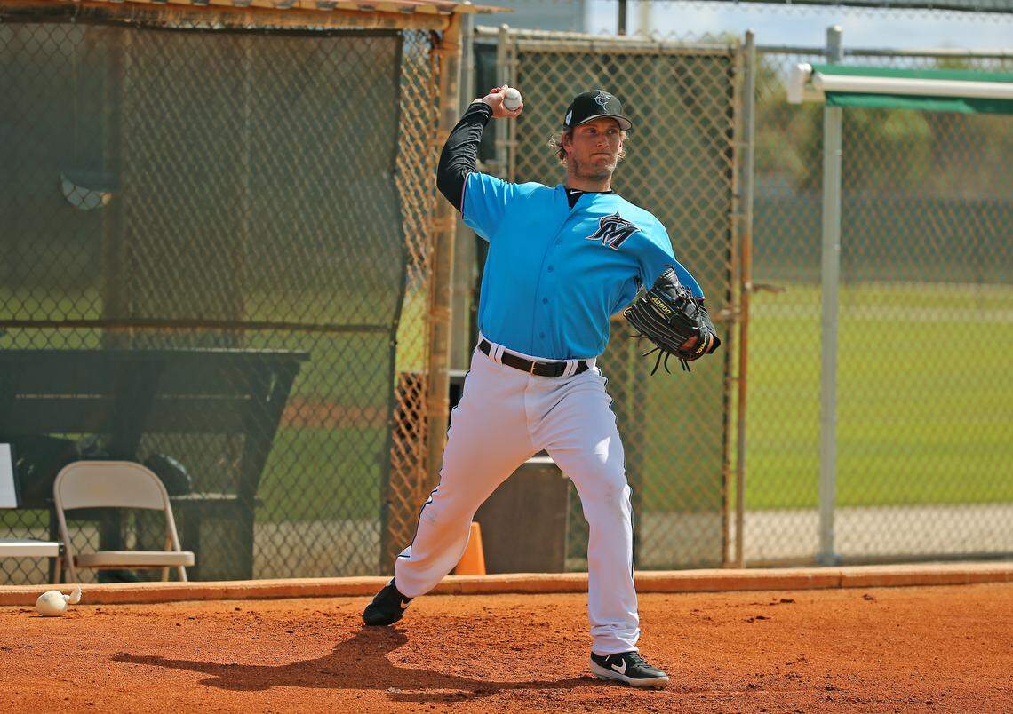 Miami Marlins pitcher Drew Steckenrider pitches before the start of a Major League Baseball spring training game against the Houston Astros at the Roger Dean Chevrolet Stadium on Thursday, March 7, 2019 in Jupiter, FL.