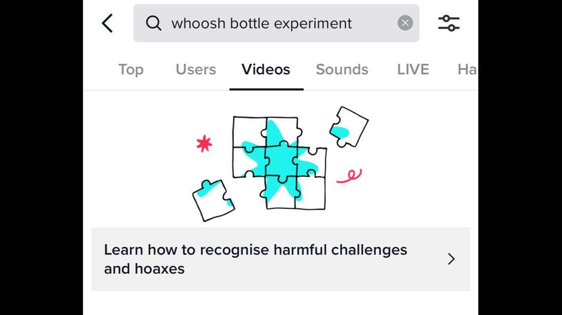 A search for the “whoosh bottle experiment” on TikTok.