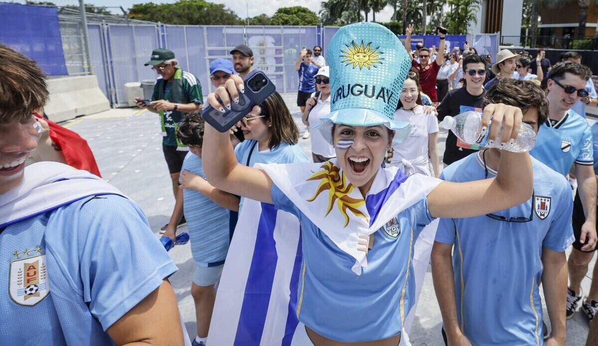 Uruguay soccer fan Sofia Lopez reacts as she enters the gates for Uruguay against Saudi Arabia FIFA World Cup opening match at Miami Stadium on Monday, June 15, 2026.