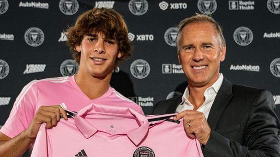 Benjamin Cremaschi, a 17-year-old Key Biscayne native, signed a three-year contract with Inter Miami. He is shown here with Inter Miami sporting director Chris Henderson.