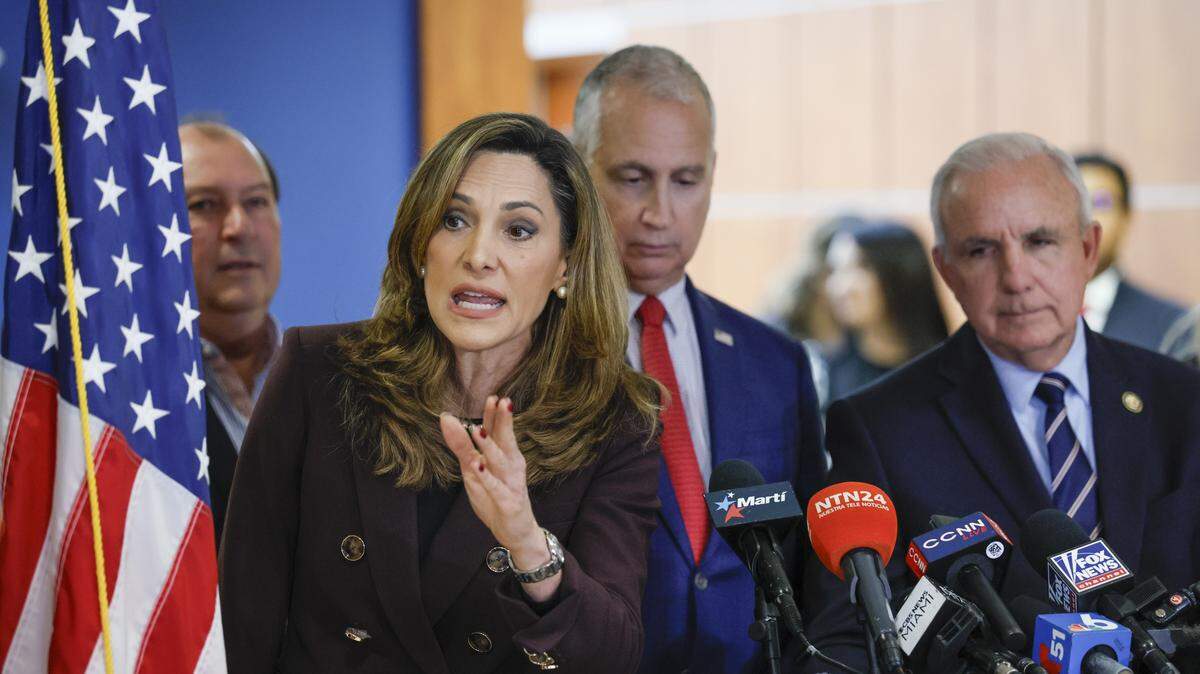 U.S. Rep. Maria Elvira Salazar speaks during a joint press conference with Reps. Mario Diaz-Balart and Carlos Gimenez in Doral on Jan. 3