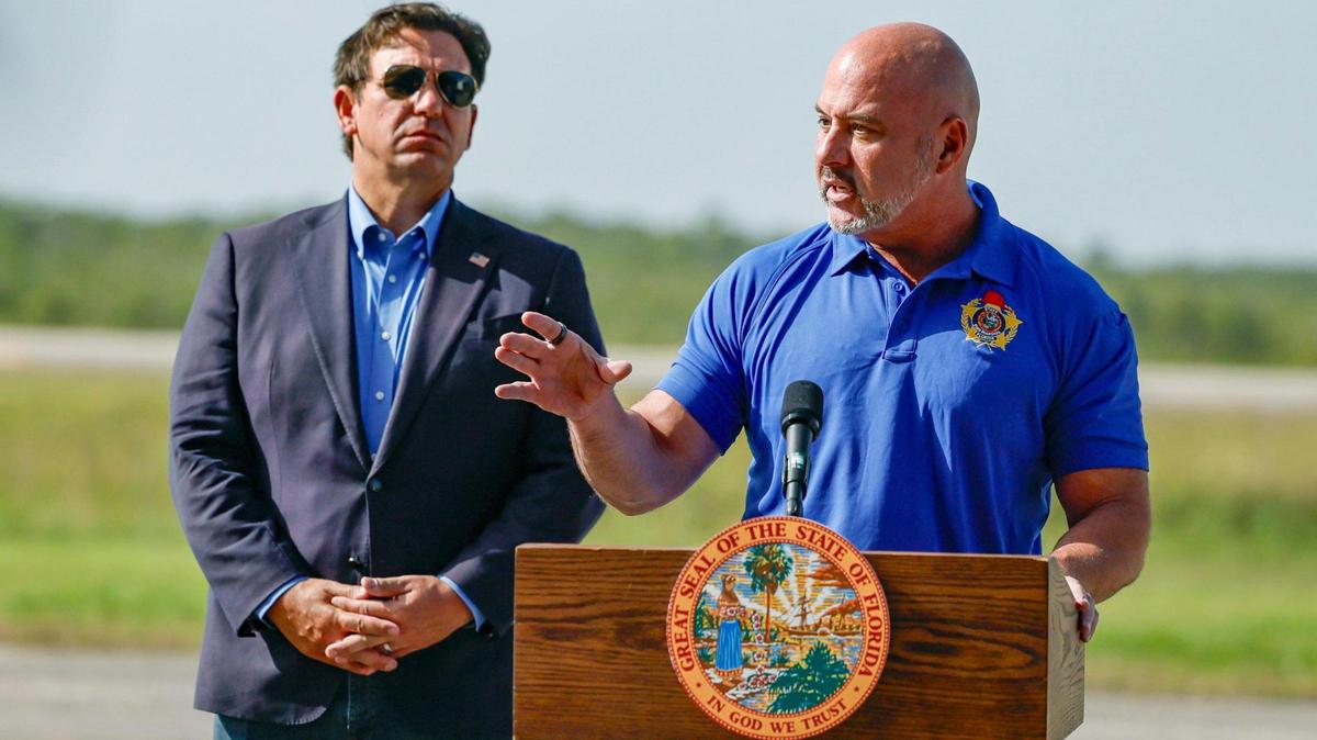 Florida Department of Financial Services Chief Financial Officer Blaise Ingoglia speaks to reporters during a press conference with Gov. Ron DeSantis outside Alligator Alcatraz. Ingoglia is leading the Florida DOGE. 