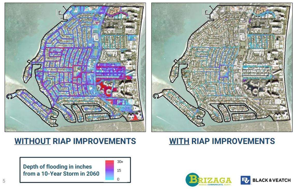 A side-by-side comparison of what kind of flooding Key Biscayne could see with 7 inches of rain in 24 hours in 2060, when sea levels are higher, both with and without the planned drainage improvements.