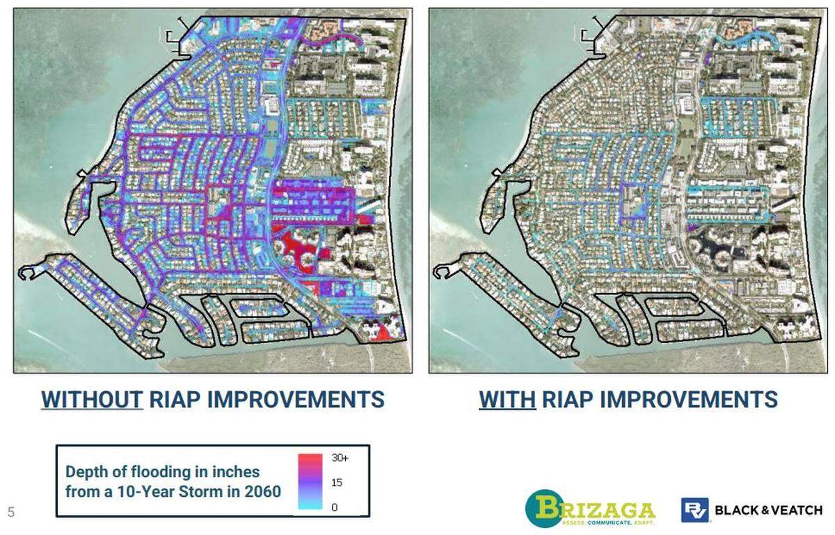 A side-by-side comparison of what kind of flooding Key Biscayne could see with 7 inches of rain in 24 hours in 2060, when sea levels are higher, both with and without the planned drainage improvements.