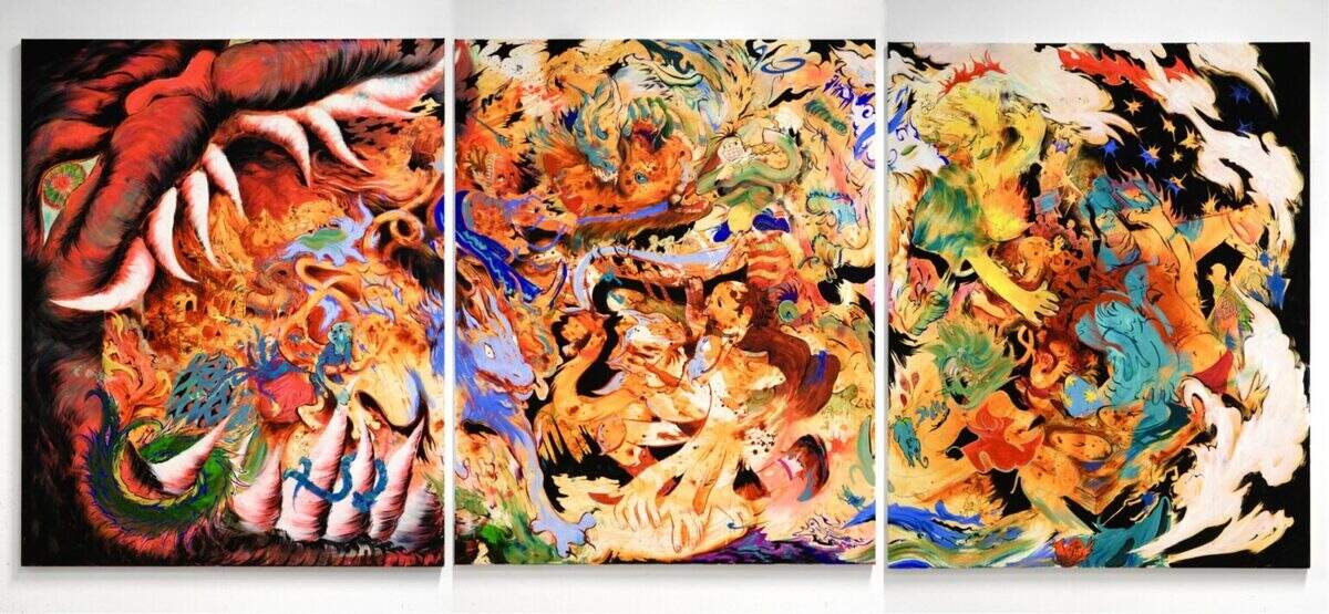 Susan Kim Alvarez’s Bosch-esque triptych of South Florida chaos, “Mouth of Miami,” 2025. Acrylic, ink, and gouache on canvas. NSU Art Museum Fort Lauderdale; Purchased with funds provided by Curator Circle.