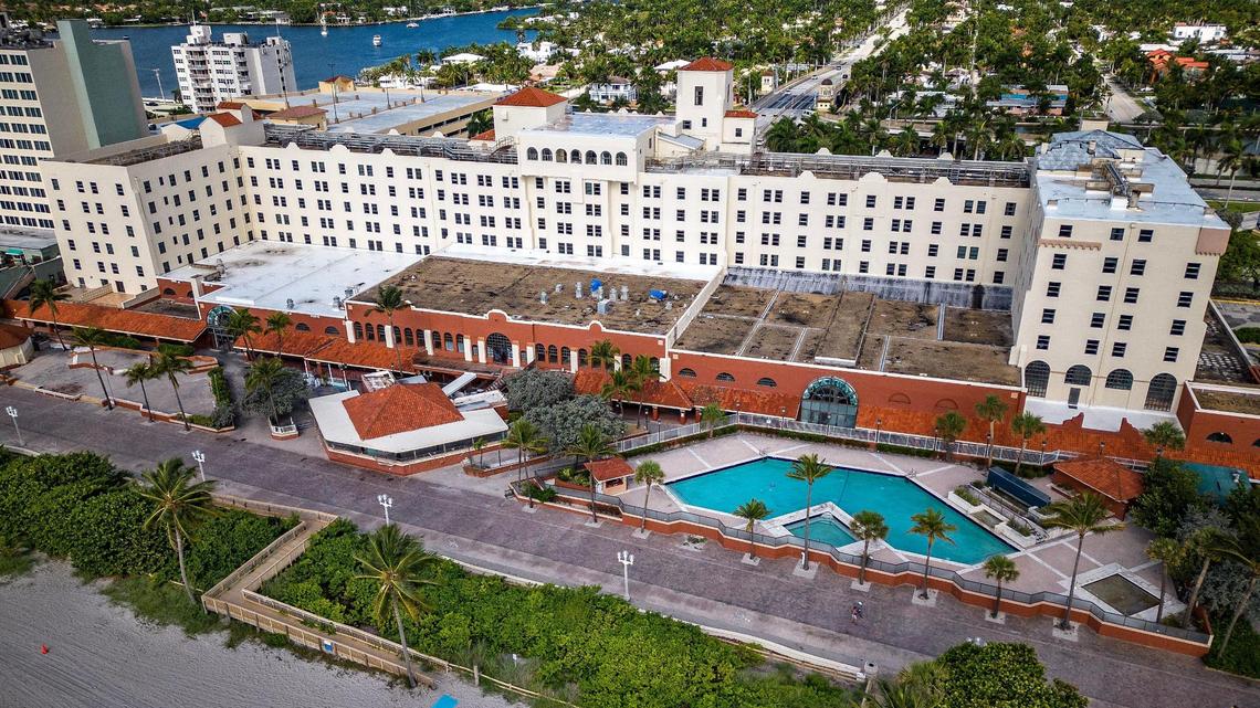 Back view of the historic Hollywood Beach Resort, also known as the “Grand Lady,” that was declared unsafe by the city of Hollywood on May 6, forcing all guests to be vacated. Located at 101 N. Ocean Dr., the hotel was built in 1925 by Joseph Young, Hollywood’s founder. This photo is from May 30, 2023.