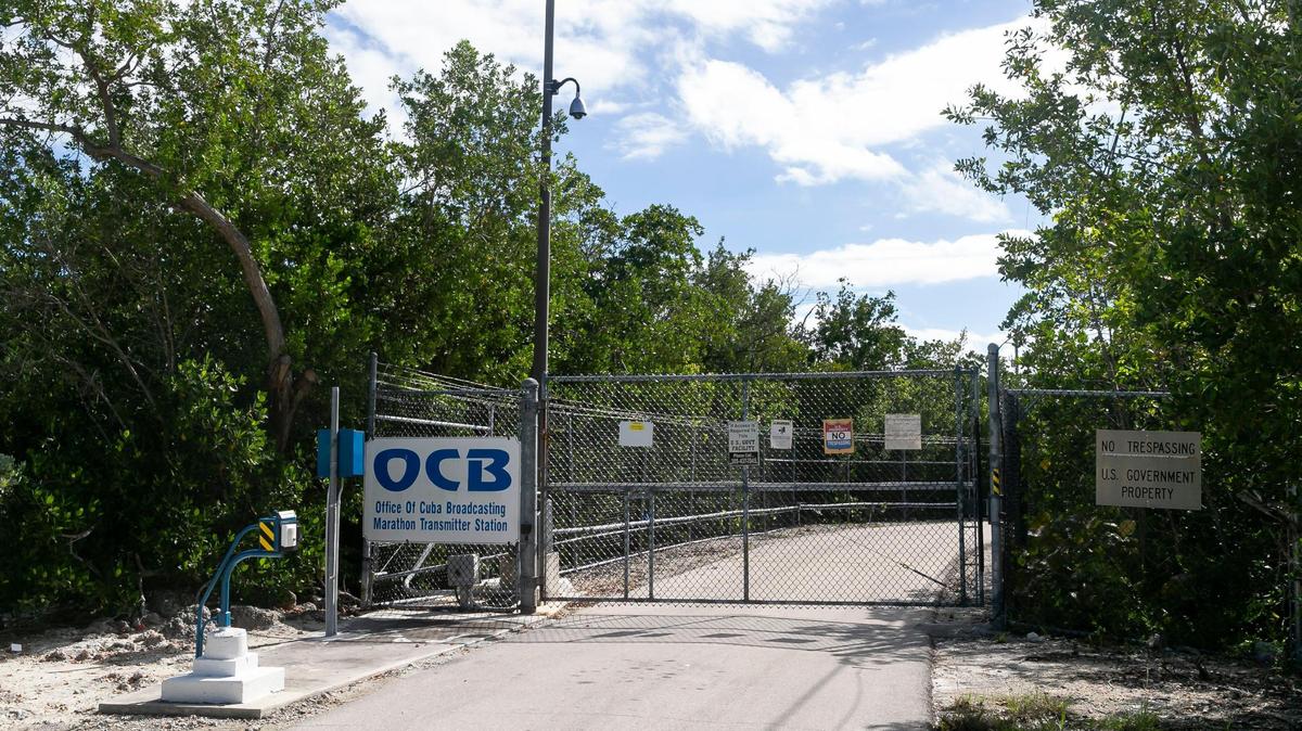 The entrance to the Office of Cuba Broadcasting Marathon Transmitter Station on Sunday, Jan. 8, 2023, in Marathon, Fla. A group of Cuban migrants arrived near the site Sunday morning.