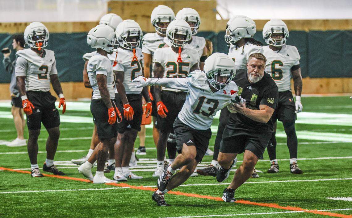 Miami Hurricanes wide receiver Vance Spafford (13) runs through drills at the Carol Soffer Indoor Practice Facility on the Uinversity of Miami campus in Coral Gables, Florida, on Tuesday morning, March 24, 2026.