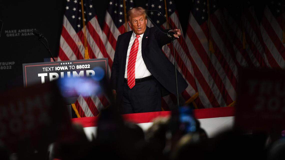 Former President Donald Trump rallies with supporters during a campaign stop Sunday, October 29, 2023, at Orpheum Theatre in Sioux City, Iowa.
