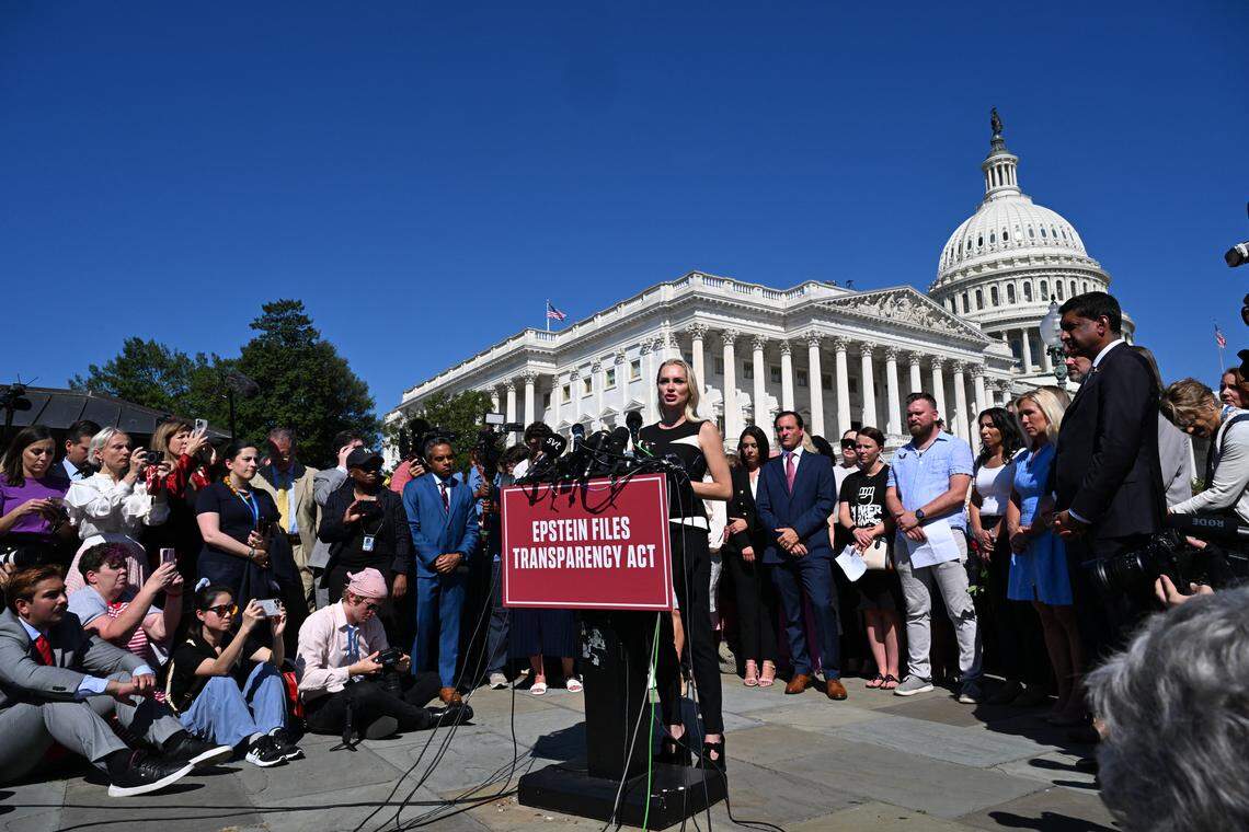 Anouska De Georgiou, who testified about sexual abuse in the Jeffrey Epstein case,   speaks during a press conference and rally in support of the victims of Epstein and his accomplice Ghislaine Maxwell outside the U.S. Capitol in Washington, DC on September 3, 2025. 