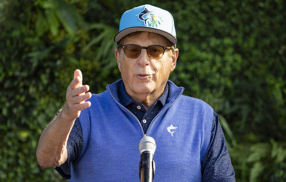 Miami Marlins owner Bruce Sherman speaks to the media before the start of their team's first full-squad spring training workout at Roger Dean Stadium on Monday, Feb. 16, 2026, in Jupiter, Fla.