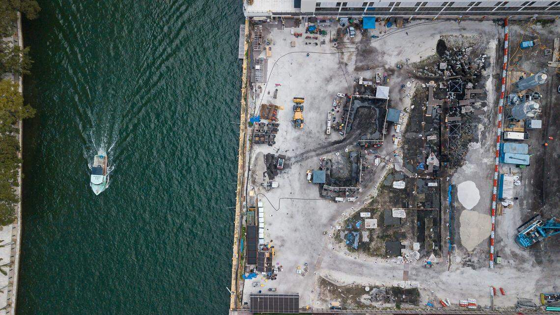 Aerial view shows people working an archaeological dig site located near Brickell on the Miami River on Jan. 30, 2023.
