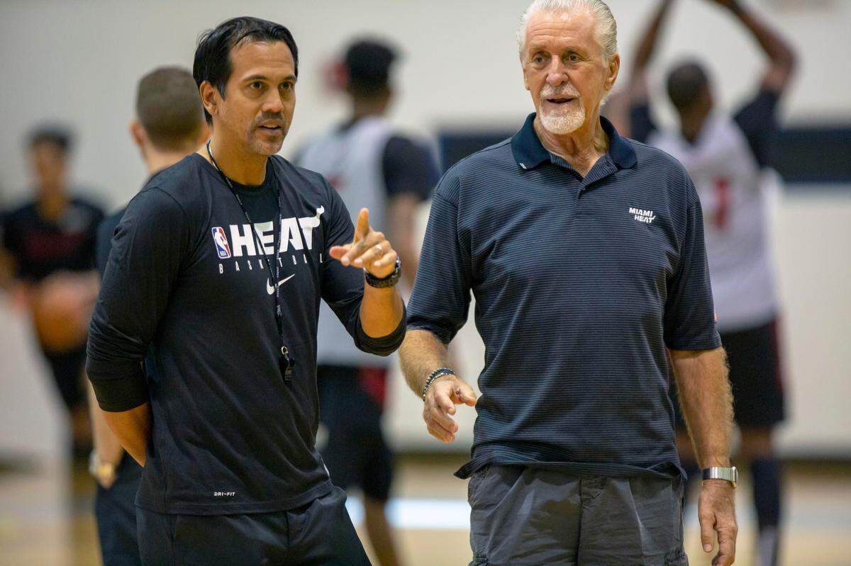 Heat coach Erik Spoelstra and team president Pat Riley during a training camp practice last year.