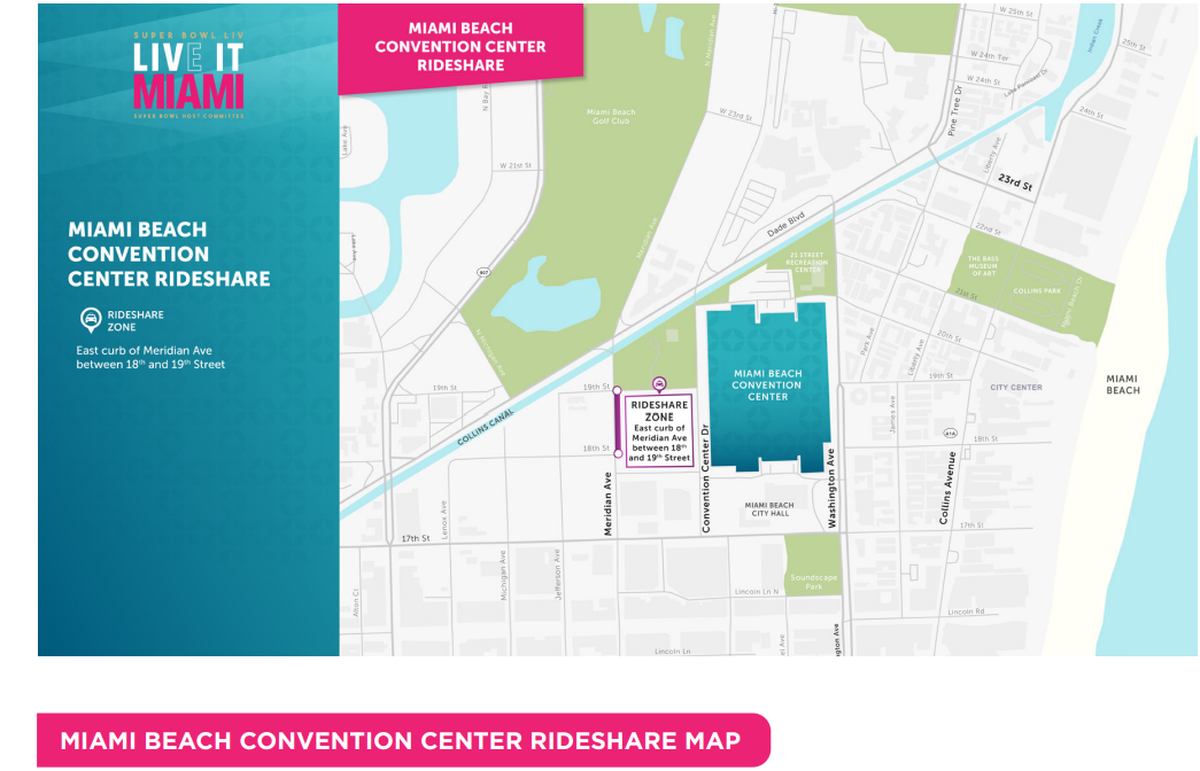 Miami Beach has designated an area near the Miami Beach Convention Center for Uber, Lyft and taxi drop-offs and pick-ups during Super Bowl week.