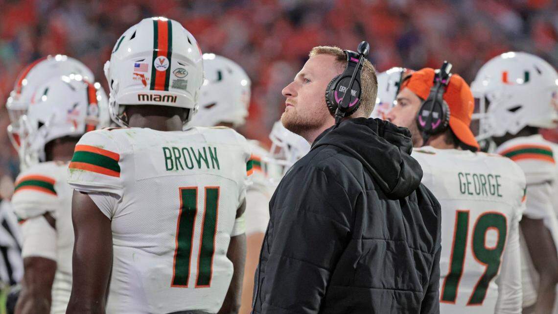 Miami Hurricanes quarterback Tyler Van Dyke (9) on the sidelines during the game against the Clemson Tigers at Frank Howard Field at Clemson Memorial Stadium in Clemson, South Carolina on Saturday, November 19, 2022.