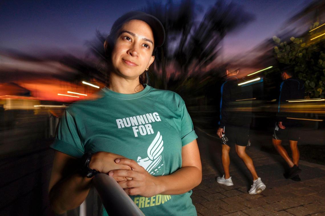 Marathoner Paola Soto will run in the Miami Marathon starting in downtown Miami this weekend. Soto is seen here in Dinner Key after a training session in preparation for the marathon in Miami, Florida on Tuesday, January 28, 2025.