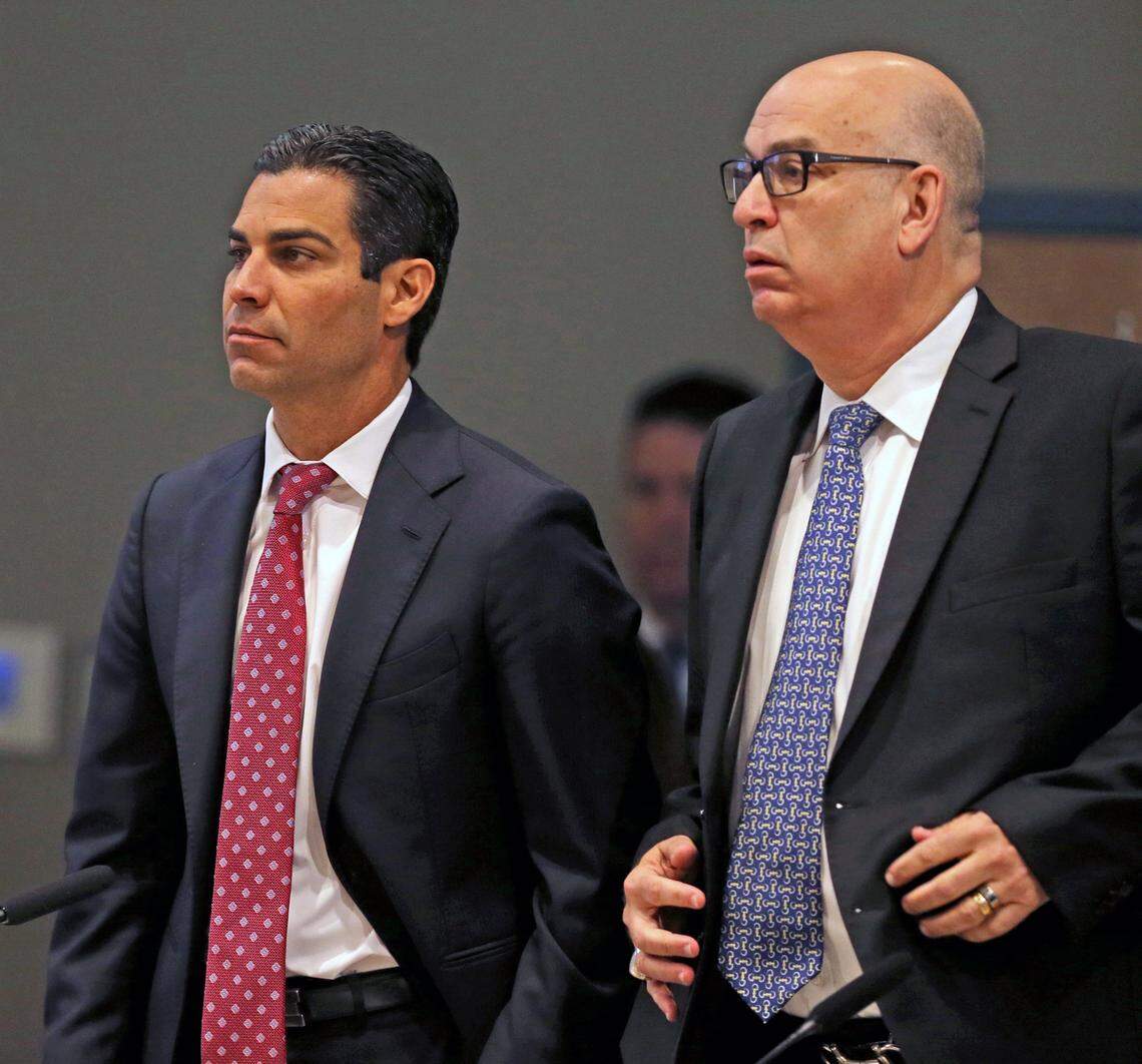 City of Miami Mayor Francis Suarez and City Manager Emilio T. Gonzalez at the City of Miami commission meeting in Miami, Florida, Thursday, January, 9, 2020.