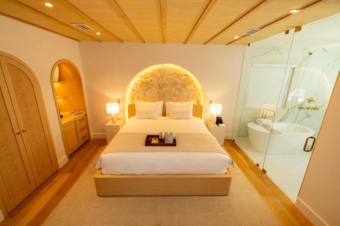 An interior shot of the hotel room named Bianca Allegra’ at Donatella on Thursday, May 1, 2025, in Miami Beach, Fla.