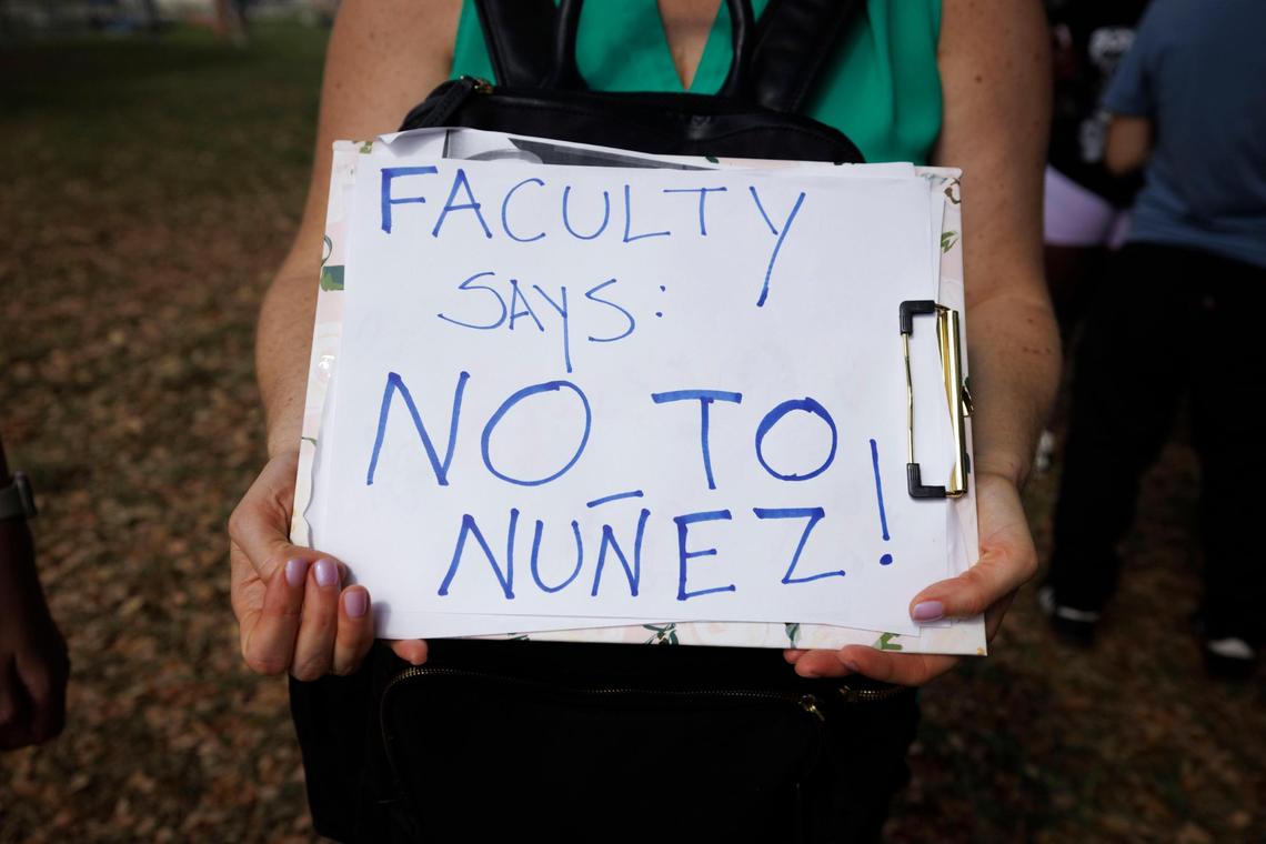 Pilar Siman, an adjunct professor at FIU, joins some other professors during a protest against Lt. Governor Jeanette Nuñez being appointed interim president on Thursday, Feb. 13, 2025, at Florida International University main campus in Miami, Fla.