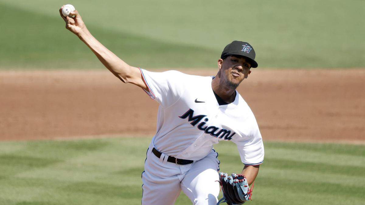 Miami Marlins pitcher Eury Perez (76) throws in the fourth inning against the St. Louis Cardinals at Roger Dean Stadium on Feb. 26, 2023, in Jupiter, Florida.