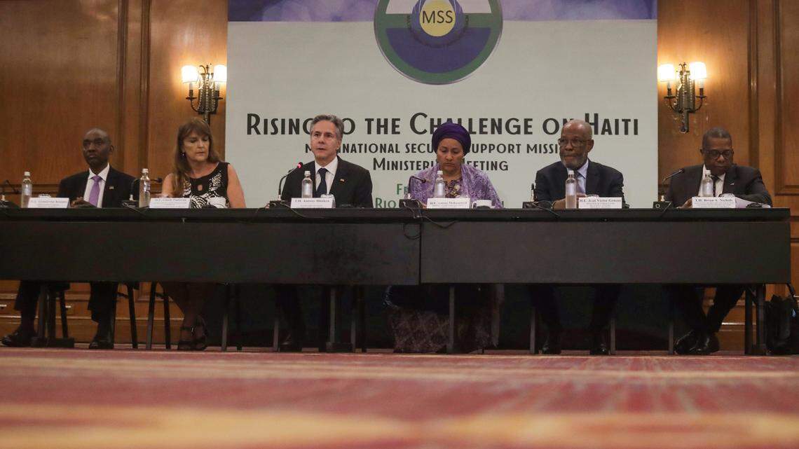 U.S. Secretary of State Antony Blinken, center, speaks during a meeting on Haiti titled “Rising to the Challenge on Haiti: Multinational Security Support Mission” on the sidelines of the G20 ministers meeting in Rio de Janeiro, Brazil, Thursday, Feb. 22, 2024.