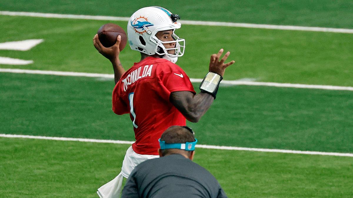 Miami Dolphins quarterback Tua Tagovailoa (1) throws during practice drills at the Baptist Health Training Complex in Miami Gardens on Wednesday, October 4, 2023.