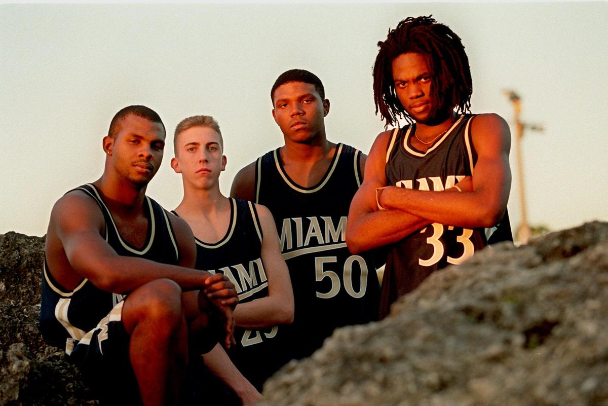 Antonio Latimer (from left), Steven Blake, Udonis Haslem and Sylbrin Robinson of Miami High’s basketball team in 1997.